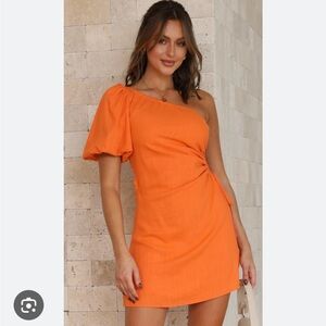 Orange linen one shoulder cut out dress